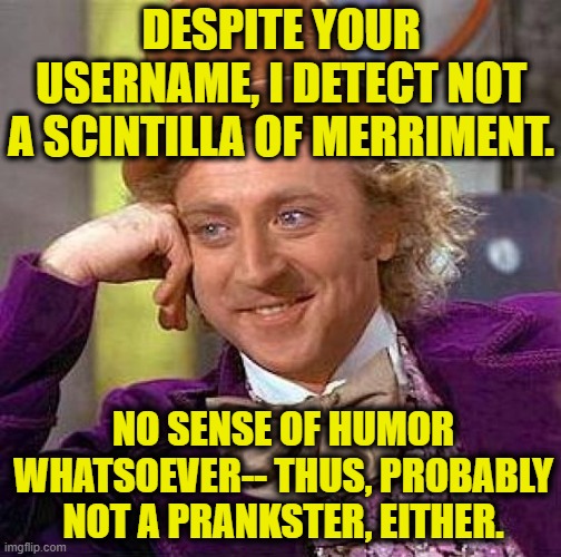 Creepy Condescending Wonka Meme | DESPITE YOUR USERNAME, I DETECT NOT A SCINTILLA OF MERRIMENT. NO SENSE OF HUMOR WHATSOEVER-- THUS, PROBABLY NOT A PRANKSTER, EITHER. | image tagged in memes,creepy condescending wonka | made w/ Imgflip meme maker