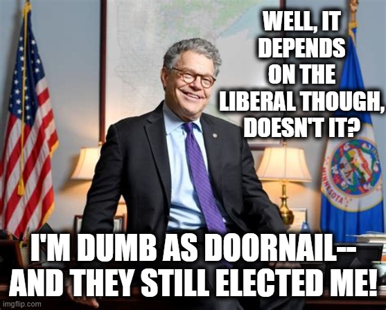 WELL, IT DEPENDS ON THE LIBERAL THOUGH, DOESN'T IT? I'M DUMB AS DOORNAIL-- AND THEY STILL ELECTED ME! | made w/ Imgflip meme maker