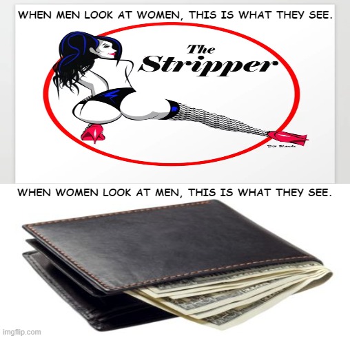 Mutual Exchange |  WHEN MEN LOOK AT WOMEN, THIS IS WHAT THEY SEE. WHEN WOMEN LOOK AT MEN, THIS IS WHAT THEY SEE. | image tagged in stripper,wallet,men,women,erotic,money | made w/ Imgflip meme maker