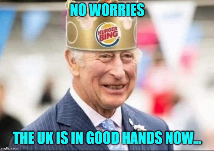 All hail king Charlie... | NO WORRIES THE UK IS IN GOOD HANDS NOW... | image tagged in uk,king | made w/ Imgflip meme maker