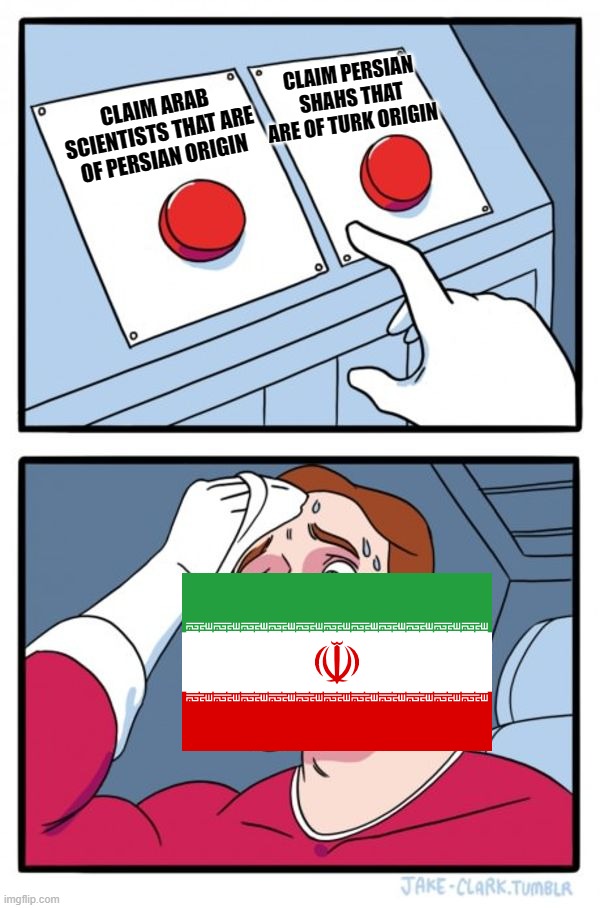 you can't have everything | CLAIM PERSIAN SHAHS THAT ARE OF TURK ORIGIN; CLAIM ARAB SCIENTISTS THAT ARE OF PERSIAN ORIGIN | image tagged in memes,two buttons,iran,persian,arab,origin | made w/ Imgflip meme maker