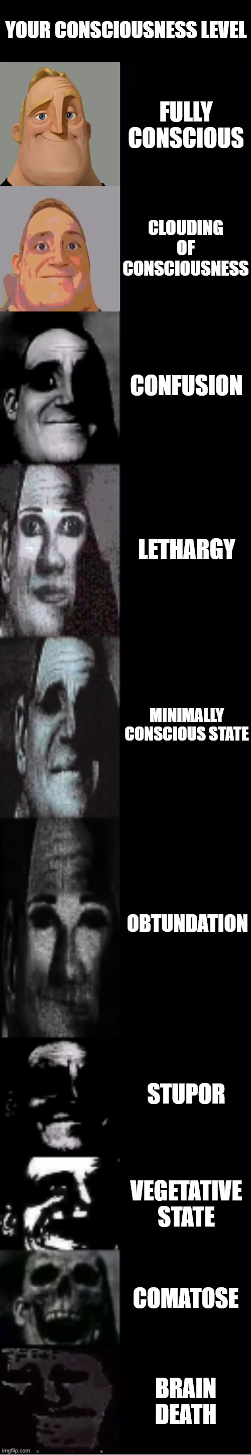 Consciousness level | YOUR CONSCIOUSNESS LEVEL; FULLY CONSCIOUS; CLOUDING OF CONSCIOUSNESS; CONFUSION; LETHARGY; MINIMALLY CONSCIOUS STATE; OBTUNDATION; STUPOR; VEGETATIVE STATE; COMATOSE; BRAIN DEATH | image tagged in mr incredible becoming uncanny | made w/ Imgflip meme maker