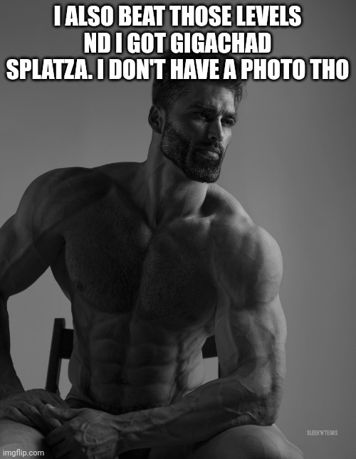 Giga Chad | I ALSO BEAT THOSE LEVELS ND I GOT GIGACHAD SPLATZA. I DON'T HAVE A PHOTO THO | image tagged in giga chad | made w/ Imgflip meme maker