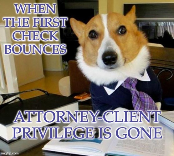 Lawyer Corgi Dog | WHEN THE FIRST CHECK BOUNCES ATTORNEY-CLIENT PRIVILEGE IS GONE | image tagged in lawyer corgi dog | made w/ Imgflip meme maker