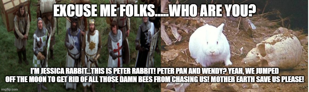 Don't forsake God and Mary folks! | EXCUSE ME FOLKS.....WHO ARE YOU? I'M JESSICA RABBIT...THIS IS PETER RABBIT! PETER PAN AND WENDY? YEAH, WE JUMPED OFF THE MOON TO GET RID OF ALL THOSE DAMN BEES FROM CHASING US! MOTHER EARTH SAVE US PLEASE! | image tagged in can i cry now please,peter pan married wendy,a christmas miracle,those damn bees,cry ralphie cry | made w/ Imgflip meme maker