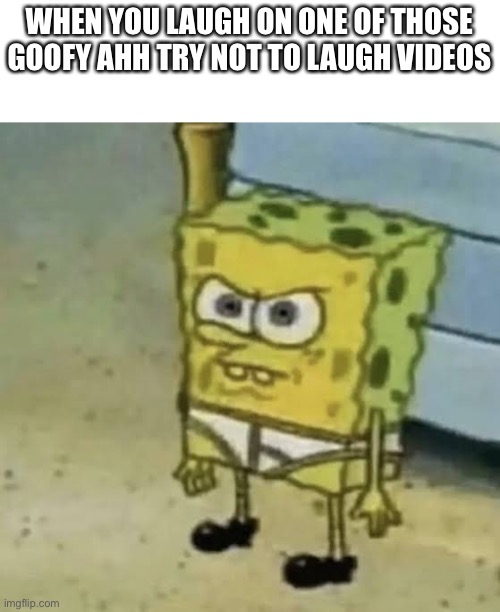 Angry Spongebob | WHEN YOU LAUGH ON ONE OF THOSE GOOFY AHH TRY NOT TO LAUGH VIDEOS | image tagged in angry spongebob | made w/ Imgflip meme maker