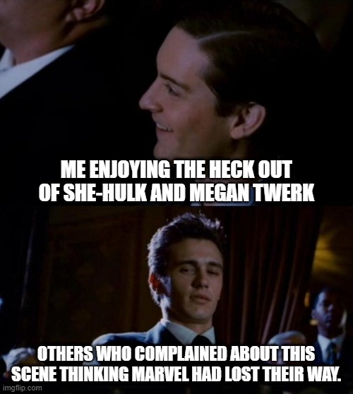 She-Hulk Twerk |  ME ENJOYING THE HECK OUT OF SHE-HULK AND MEGAN TWERK; OTHERS WHO COMPLAINED ABOUT THIS SCENE THINKING MARVEL HAD LOST THEIR WAY. | image tagged in harry glaring at peter,she hulk,marvel cinematic universe,marvel comics,spiderman peter parker,tobey maguire | made w/ Imgflip meme maker