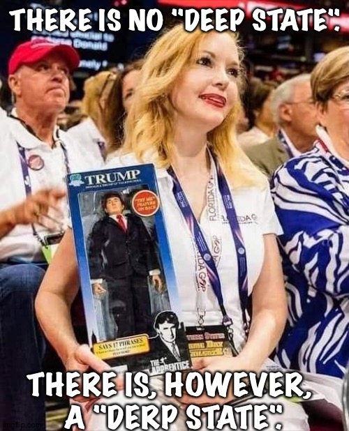 Trump supporter with doll | THERE IS NO "DEEP STATE". THERE IS, HOWEVER, 
A "DERP STATE". | image tagged in trump supporter with doll | made w/ Imgflip meme maker