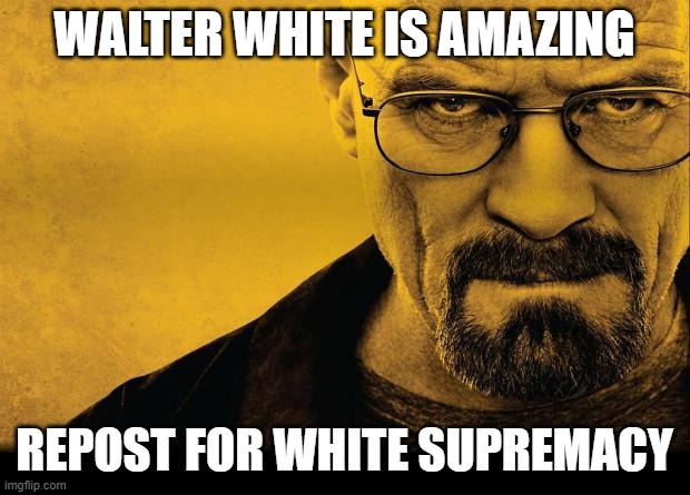 Breaking bad | WALTER WHITE IS AMAZING; REPOST FOR WHITE SUPREMACY | image tagged in breaking bad | made w/ Imgflip meme maker