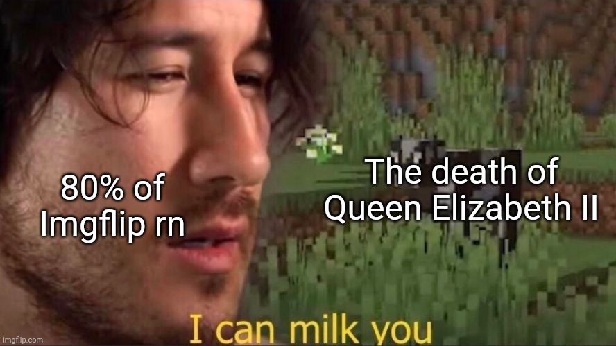 Meanwhile in England and quite possibly the rest of the UK and Ireland, a 10 day mourning is going on right now as I write this. |  The death of Queen Elizabeth II; 80% of Imgflip rn | image tagged in i can milk you template,i can milk you,queen elizabeth,the queen elizabeth ii,meanwhile on imgflip | made w/ Imgflip meme maker