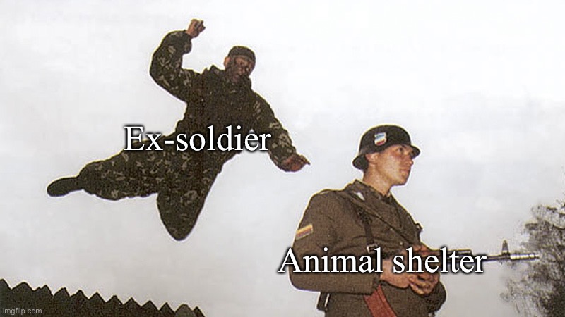 Soldier jump spetznaz | Ex-soldier; Animal shelter | image tagged in soldier jump spetznaz | made w/ Imgflip meme maker