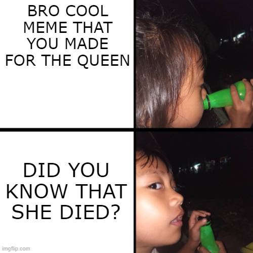 bro what??? | BRO COOL MEME THAT YOU MADE FOR THE QUEEN; DID YOU KNOW THAT SHE DIED? | image tagged in mountain dew,queen elizabeth,memes | made w/ Imgflip meme maker