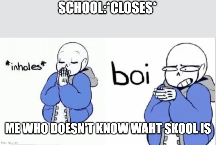 Skool | SCHOOL:*CLOSES*; ME WHO DOESN'T KNOW WAHT SKOOL IS | image tagged in inhale boi sans | made w/ Imgflip meme maker