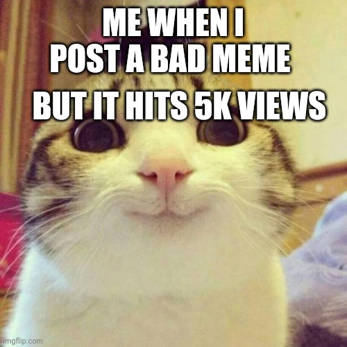 Smiling Cat | ME WHEN I POST A BAD MEME; BUT IT HITS 5K VIEWS | image tagged in memes,smiling cat | made w/ Imgflip meme maker