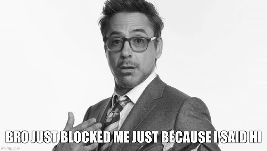 Robert Downey Jr's Comments | BRO JUST BLOCKED ME JUST BECAUSE I SAID HI | image tagged in robert downey jr's comments | made w/ Imgflip meme maker
