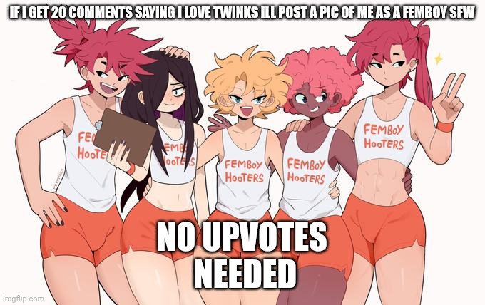 Femboy Hooters | IF I GET 20 COMMENTS SAYING I LOVE TWINKS ILL POST A PIC OF ME AS A FEMBOY SFW; NO UPVOTES
 NEEDED | image tagged in femboy hooters | made w/ Imgflip meme maker