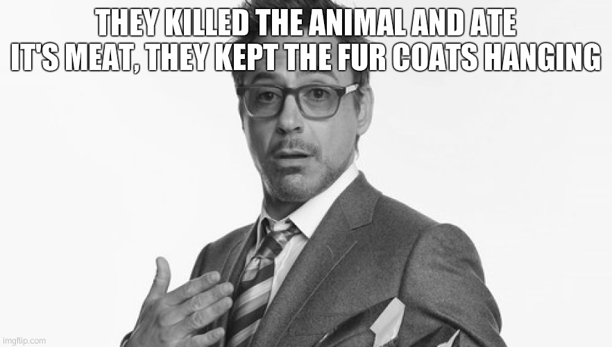 Robert Downey Jr's Comments | THEY KILLED THE ANIMAL AND ATE IT'S MEAT, THEY KEPT THE FUR COATS HANGING | image tagged in robert downey jr's comments | made w/ Imgflip meme maker
