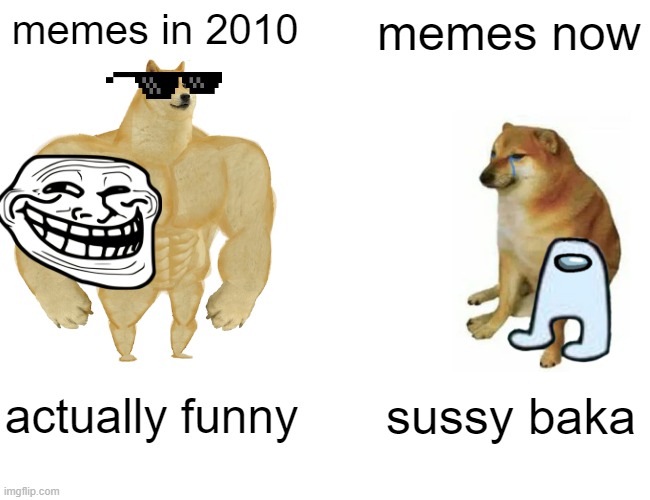 evolushun | memes in 2010; memes now; actually funny; sussy baka | image tagged in memes,buff doge vs cheems | made w/ Imgflip meme maker