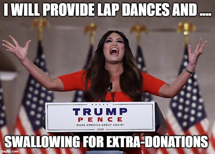 Trump Jr's prostitute | I WILL PROVIDE LAP DANCES AND .... SWALLOWING FOR EXTRA-DONATIONS | made w/ Imgflip meme maker