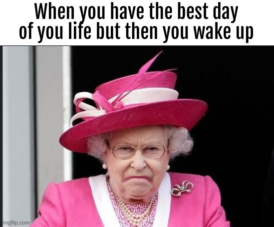 NOOO | When you have the best day of you life but then you wake up | image tagged in the queen is not happy | made w/ Imgflip meme maker