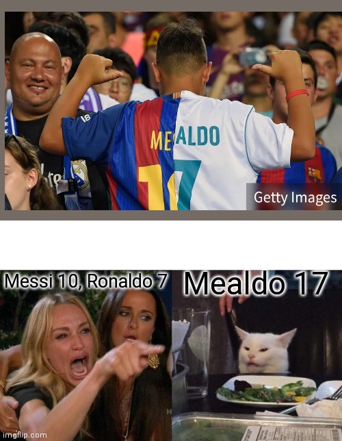 M E A L D O | Messi 10, Ronaldo 7; Mealdo 17 | image tagged in memes,woman yelling at cat | made w/ Imgflip meme maker