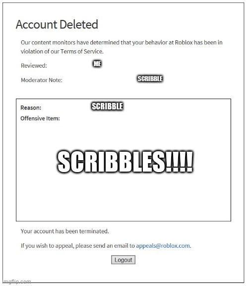 Bruh! This just happened | ME; SCRIBBLE; SCRIBBLE; SCRIBBLES!!!! | image tagged in banned from roblox | made w/ Imgflip meme maker