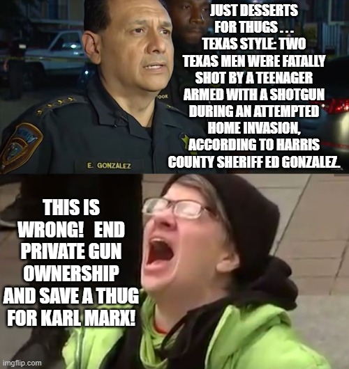 A typical leftist reaction to a successful enactment of justified self-defense. | JUST DESSERTS FOR THUGS . . . TEXAS STYLE: TWO TEXAS MEN WERE FATALLY SHOT BY A TEENAGER ARMED WITH A SHOTGUN DURING AN ATTEMPTED HOME INVASION, ACCORDING TO HARRIS COUNTY SHERIFF ED GONZALEZ. THIS IS WRONG!   END PRIVATE GUN OWNERSHIP AND SAVE A THUG FOR KARL MARX! | image tagged in leftist thug huggers | made w/ Imgflip meme maker