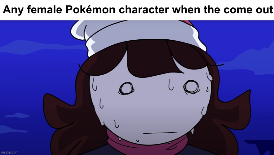 Jaiden sweating nervously | Any female Pokémon character when the come out | image tagged in jaiden sweating nervously,pokemon,r34 | made w/ Imgflip meme maker
