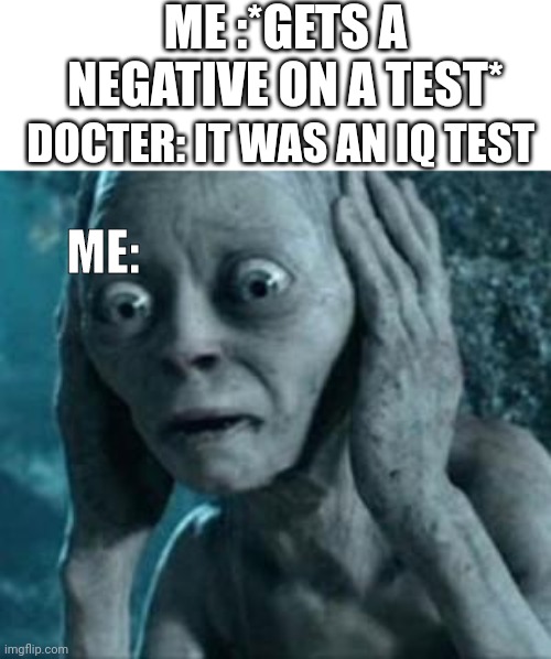 Memenade meme 4 | ME :*GETS A NEGATIVE ON A TEST*; DOCTER: IT WAS AN IQ TEST; ME: | image tagged in scared gollum | made w/ Imgflip meme maker