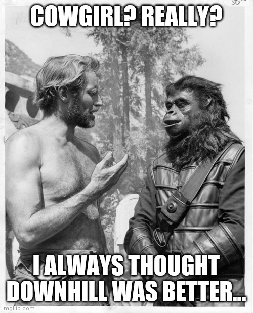 Planet of the apes | COWGIRL? REALLY? I ALWAYS THOUGHT DOWNHILL WAS BETTER... | image tagged in planet of the apes | made w/ Imgflip meme maker