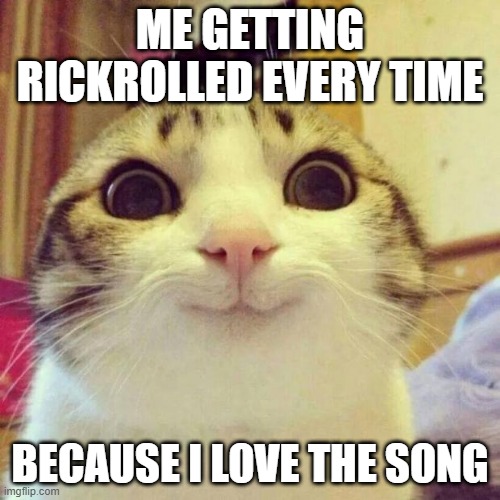 I like rickrolls | ME GETTING RICKROLLED EVERY TIME; BECAUSE I LOVE THE SONG | image tagged in memes,smiling cat | made w/ Imgflip meme maker