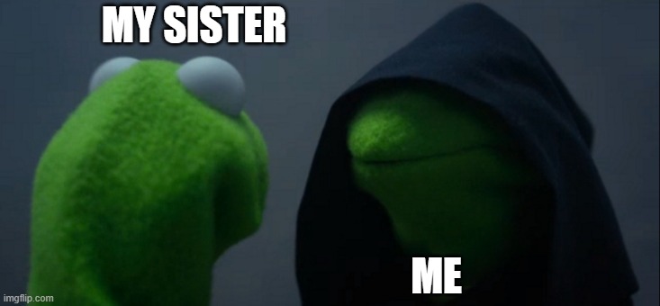 I DO THAT SO MANY TIME WHEN I WAS YONGER | MY SISTER; ME | image tagged in memes,evil kermit | made w/ Imgflip meme maker