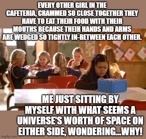 That Awkward Lunch Time Moment | EVERY OTHER GIRL IN THE CAFETERIA, CRAMMED SO CLOSE TOGETHER THEY HAVE TO EAT THEIR FOOD WITH THEIR MOUTHS BECAUSE THEIR HANDS AND ARMS ARE WEDGED SO TIGHTLY IN-BETWEEN EACH OTHER. ME JUST SITTING BY MYSELF WITH WHAT SEEMS A UNIVERSE'S WORTH OF SPACE ON EITHER SIDE, WONDERING...WHY! | image tagged in memes,school lunch,school meme,awkward,well this is awkward,socially awkward | made w/ Imgflip meme maker