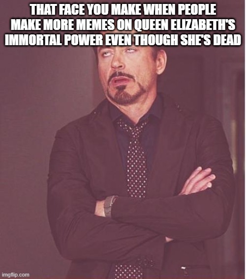 rip | THAT FACE YOU MAKE WHEN PEOPLE MAKE MORE MEMES ON QUEEN ELIZABETH'S IMMORTAL POWER EVEN THOUGH SHE'S DEAD | image tagged in memes,face you make robert downey jr,queen elizabeth | made w/ Imgflip meme maker