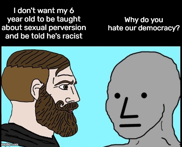 Talking to leftists be like: | I don't want my 6 year old to be taught about sexual perversion and be told he's racist; Why do you hate our democracy? | image tagged in npc meme | made w/ Imgflip meme maker