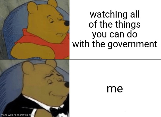 Tuxedo Winnie The Pooh | watching all of the things you can do with the government; me | image tagged in memes,tuxedo winnie the pooh | made w/ Imgflip meme maker