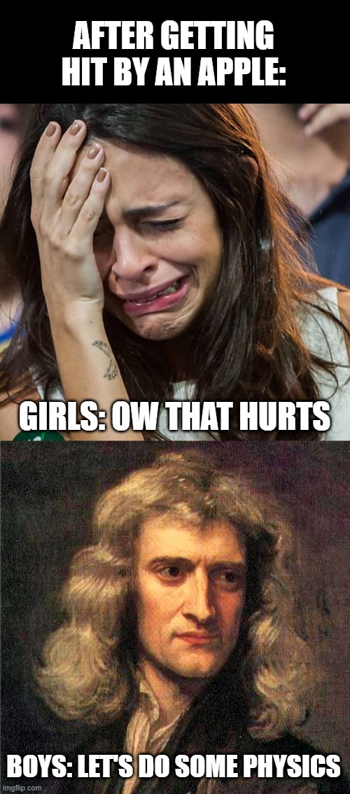 AFTER GETTING HIT BY AN APPLE:; GIRLS: OW THAT HURTS; BOYS: LET'S DO SOME PHYSICS | image tagged in crying girl,isaac newton | made w/ Imgflip meme maker