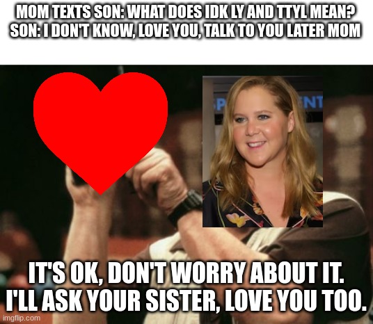 my version | MOM TEXTS SON: WHAT DOES IDK LY AND TTYL MEAN?
SON: I DON'T KNOW, LOVE YOU, TALK TO YOU LATER MOM; IT'S OK, DON'T WORRY ABOUT IT. I'LL ASK YOUR SISTER, LOVE YOU TOO. | image tagged in memes,am i the only one around here | made w/ Imgflip meme maker
