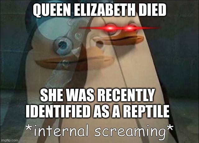Private Internal Screaming | QUEEN ELIZABETH DIED; SHE WAS RECENTLY IDENTIFIED AS A REPTILE | image tagged in private internal screaming | made w/ Imgflip meme maker