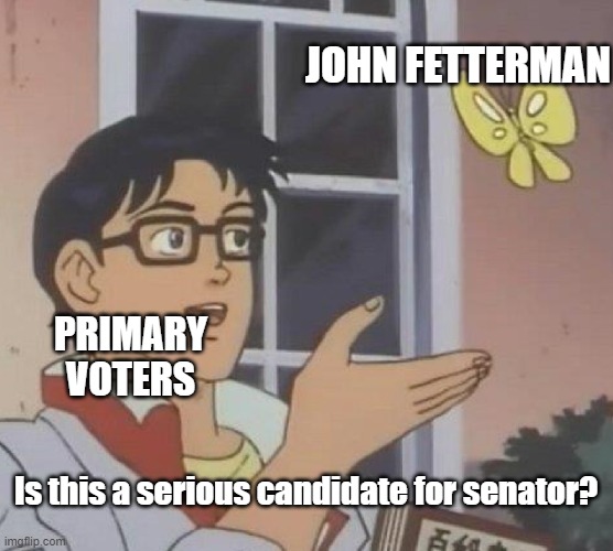 Is This A Pigeon Meme | JOHN FETTERMAN PRIMARY VOTERS Is this a serious candidate for senator? | image tagged in memes,is this a pigeon | made w/ Imgflip meme maker