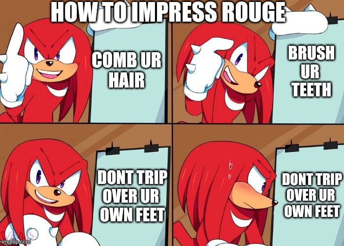 Knuckles | HOW TO IMPRESS ROUGE; COMB UR 
HAIR; BRUSH
UR 
TEETH; DONT TRIP OVER UR 
OWN FEET; DONT TRIP OVER UR 
OWN FEET | image tagged in knuckles | made w/ Imgflip meme maker