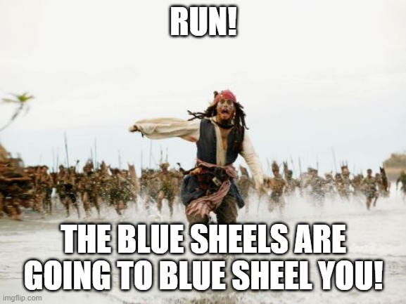 Jack Sparrow Being Chased | RUN! THE BLUE SHEELS ARE GOING TO BLUE SHEEL YOU! | image tagged in memes,jack sparrow being chased | made w/ Imgflip meme maker