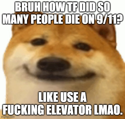 bruh how tf did so many people die on 9/11? | BRUH HOW TF DID SO MANY PEOPLE DIE ON 9/11? LIKE USE A FUCKING ELEVATOR LMAO. | image tagged in doge,cheems | made w/ Imgflip meme maker