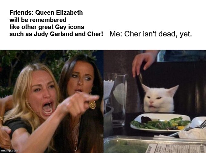 Woman Yelling At Cat | Friends: Queen Elizabeth will be remembered like other great Gay icons such as Judy Garland and Cher! Me: Cher isn't dead, yet. | image tagged in memes,woman yelling at cat | made w/ Imgflip meme maker