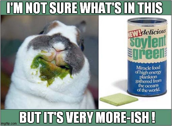Don't Trust That Bunny ! | I'M NOT SURE WHAT'S IN THIS; BUT IT'S VERY MORE-ISH ! | image tagged in rabbit,soylent green,people,dark humour | made w/ Imgflip meme maker