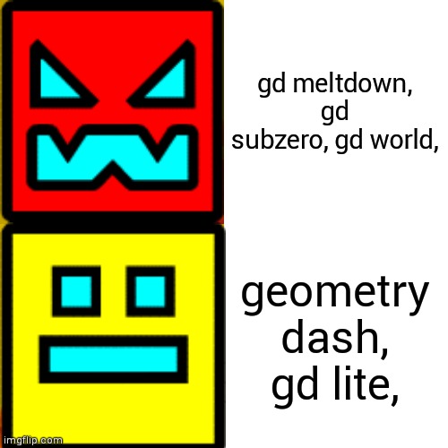 Geometry dash spinoff games meme | gd meltdown, gd subzero, gd world, geometry dash, gd lite, | image tagged in memes,drake hotline bling,geometry dash | made w/ Imgflip meme maker