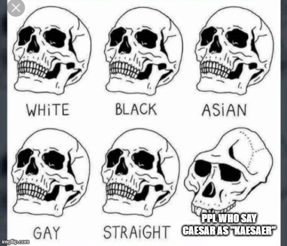 thos ppl r kinda dumb ngl | PPL WHO SAY CAESAR AS "KAESAER" | image tagged in white black asian gay straight skull template | made w/ Imgflip meme maker