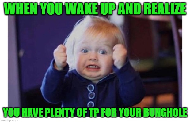 WHEN YOU WAKE UP AND REALIZE; YOU HAVE PLENTY OF TP FOR YOUR BUNGHOLE | image tagged in tp for your bunghole baby beavis,funny | made w/ Imgflip meme maker