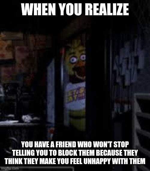 Chica Looking In Window FNAF | WHEN YOU REALIZE; YOU HAVE A FRIEND WHO WON'T STOP TELLING YOU TO BLOCK THEM BECAUSE THEY THINK THEY MAKE YOU FEEL UNHAPPY WITH THEM | image tagged in chica looking in window fnaf | made w/ Imgflip meme maker