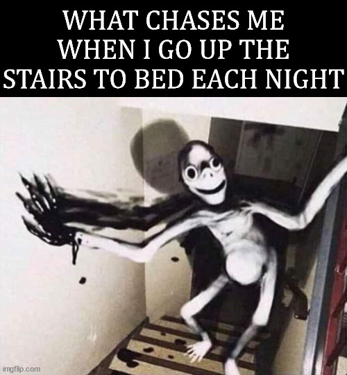 WHAT CHASES ME WHEN I GO UP THE STAIRS TO BED EACH NIGHT | image tagged in cursed image | made w/ Imgflip meme maker